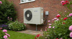 Air source heat pump outdoor unit installed on a UK house
