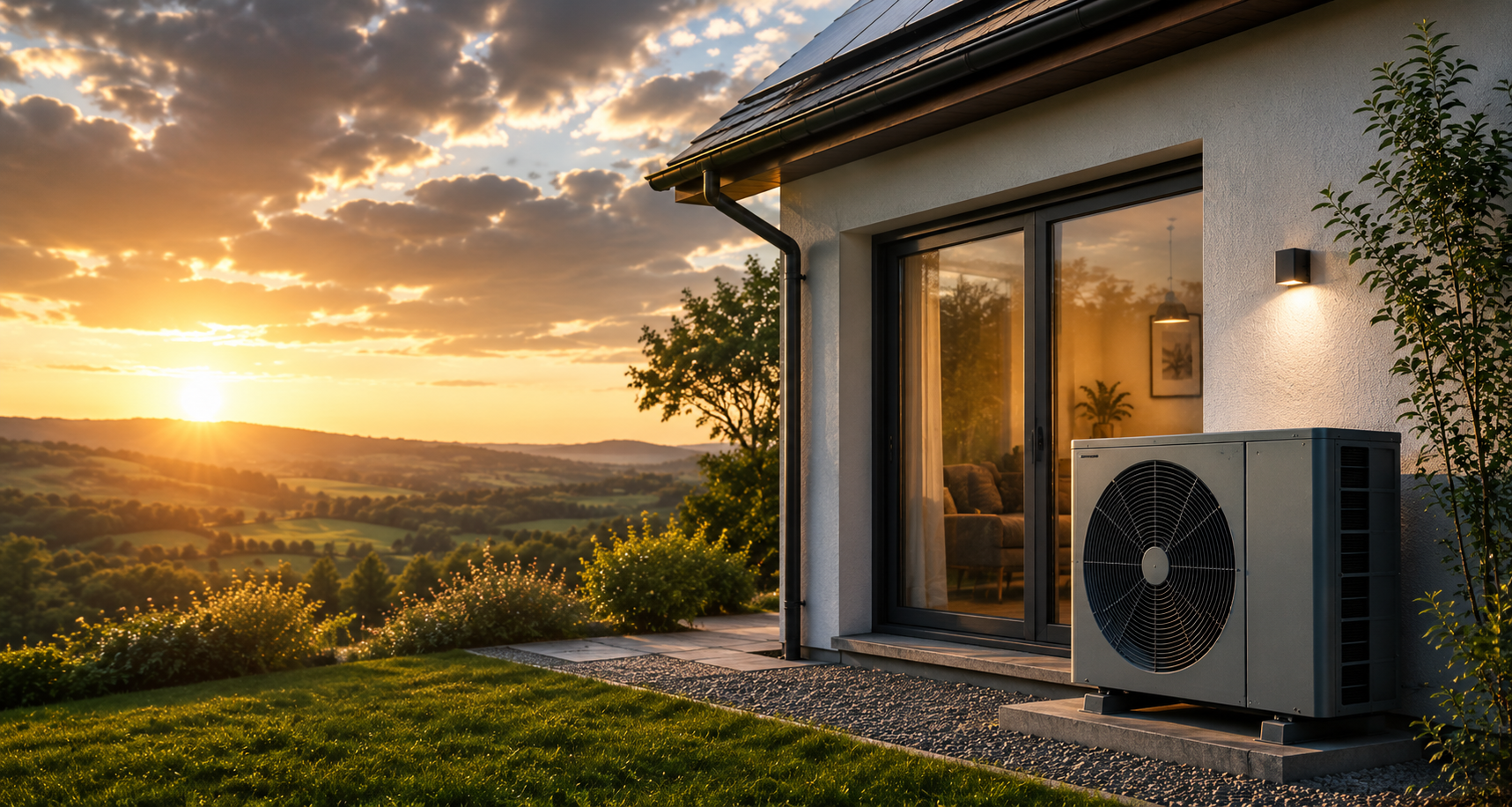 Air source heat pump installed outside a modern UK home at sunset
