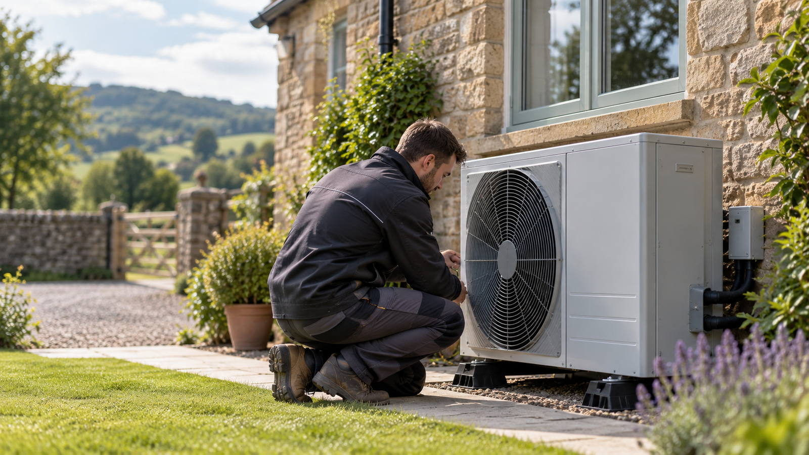 Heat pump engineer working beside an outdoor air source heat pump at a British home