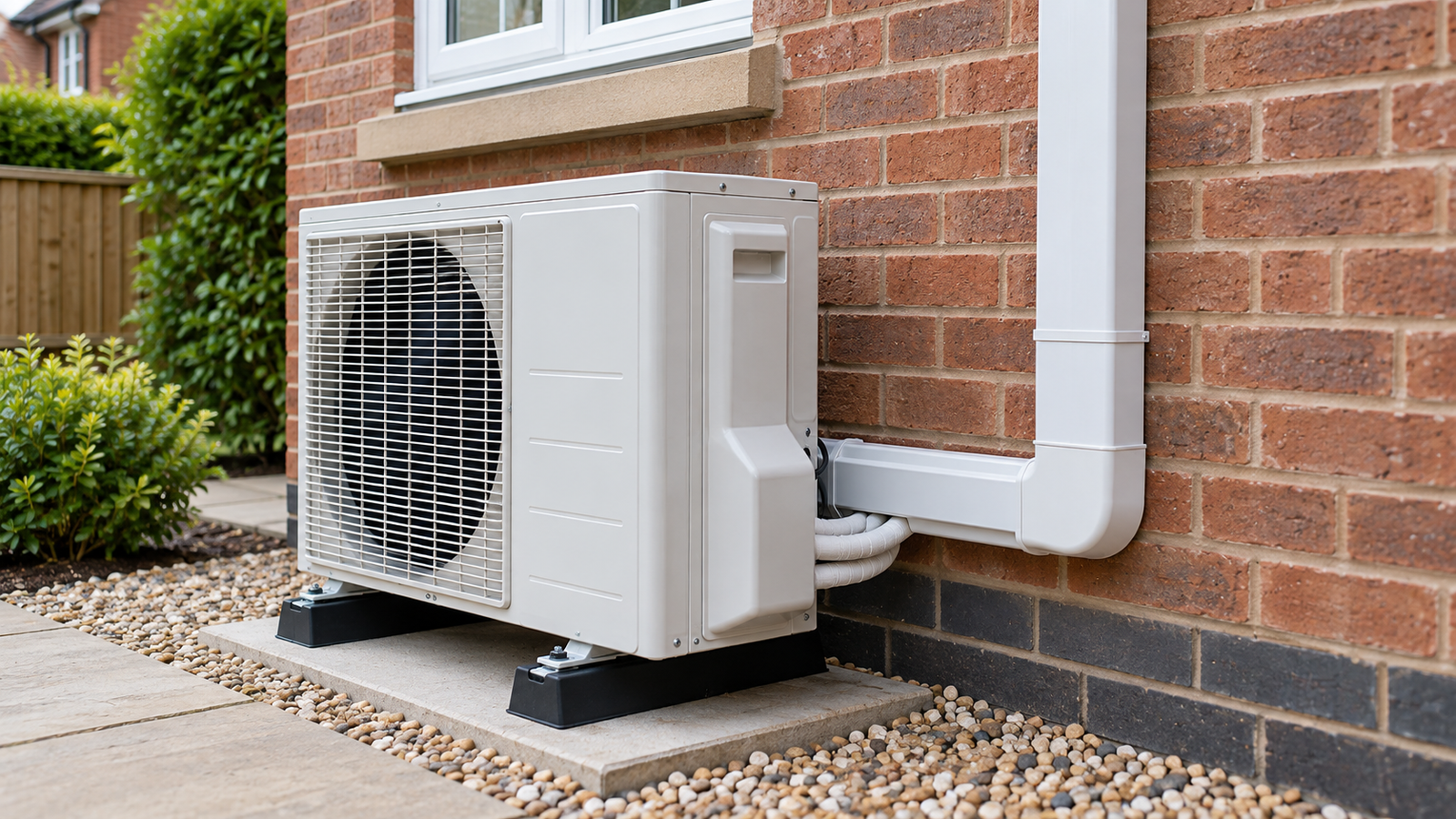 Outdoor air conditioning unit positioned with clear airflow and service access at a UK home