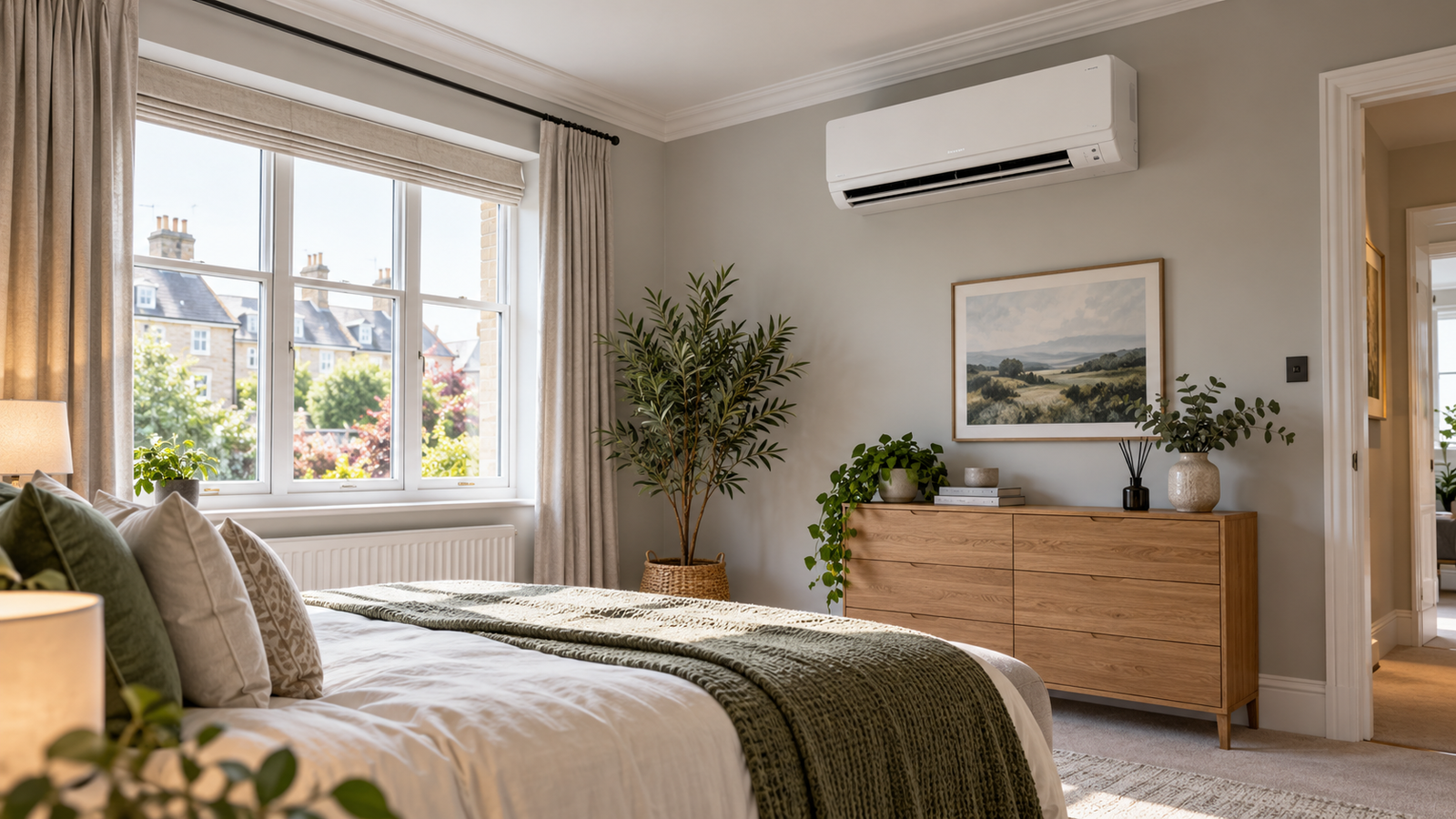 Correctly positioned wall-mounted air conditioning unit in a UK home