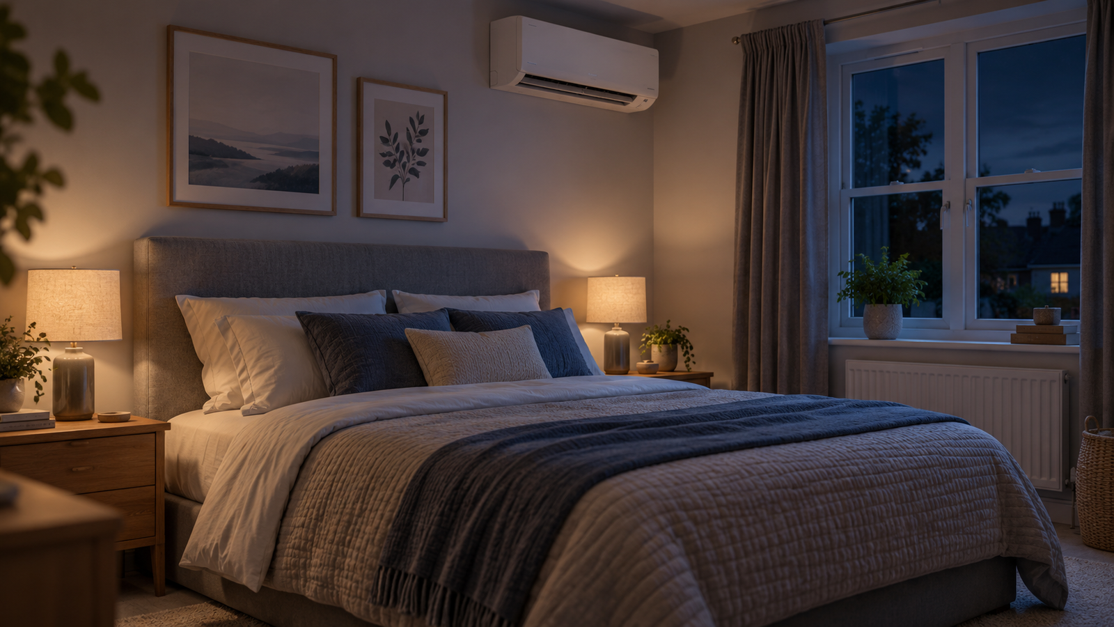 Wall-mounted air conditioning unit in a comfortable UK bedroom