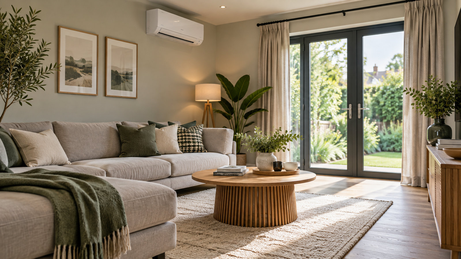 Wall-mounted air conditioning system in a modern UK living room