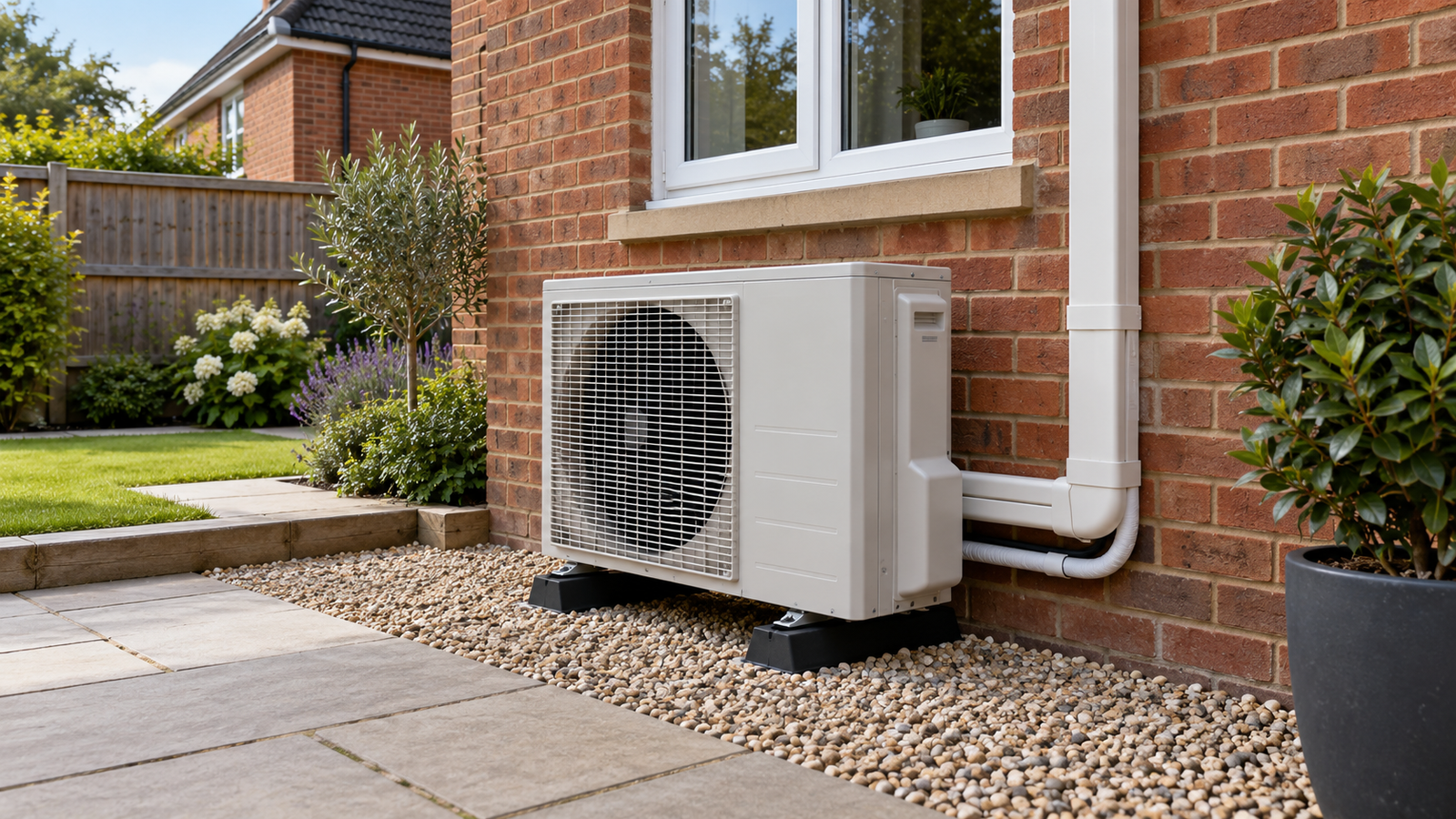 Finished outdoor air conditioning condenser installation at a UK home