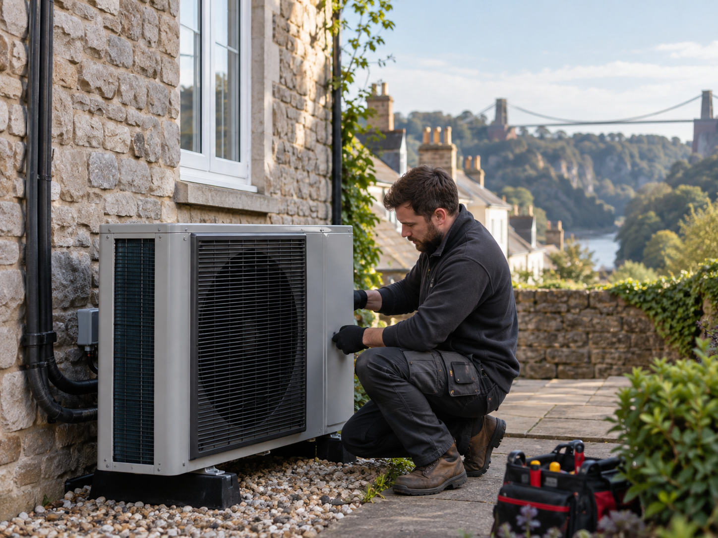 Heat pump installer beside an air source heat pump at a Bristol home