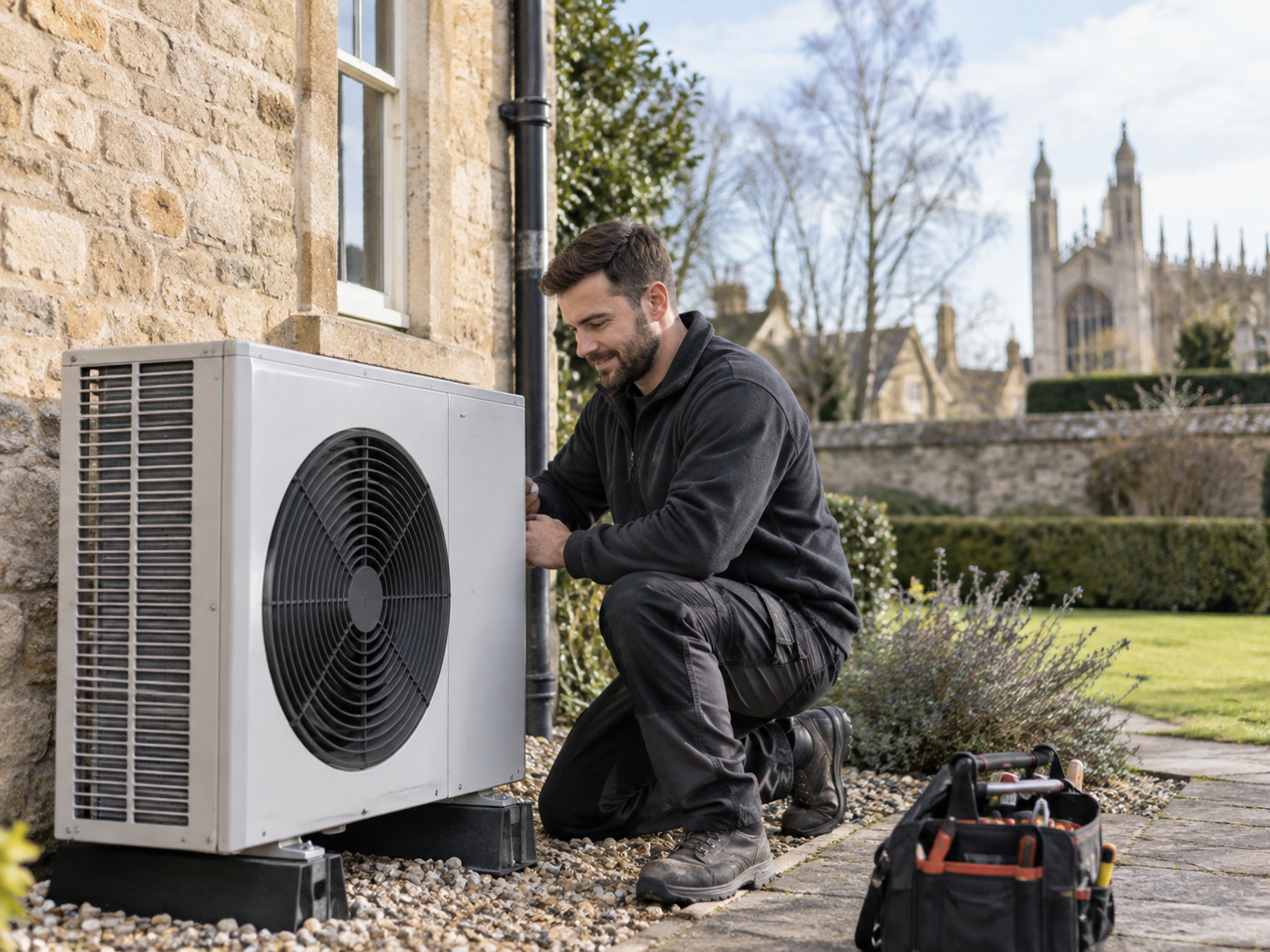 Heat pump installer beside an air source heat pump at a Cambridgeshire home
