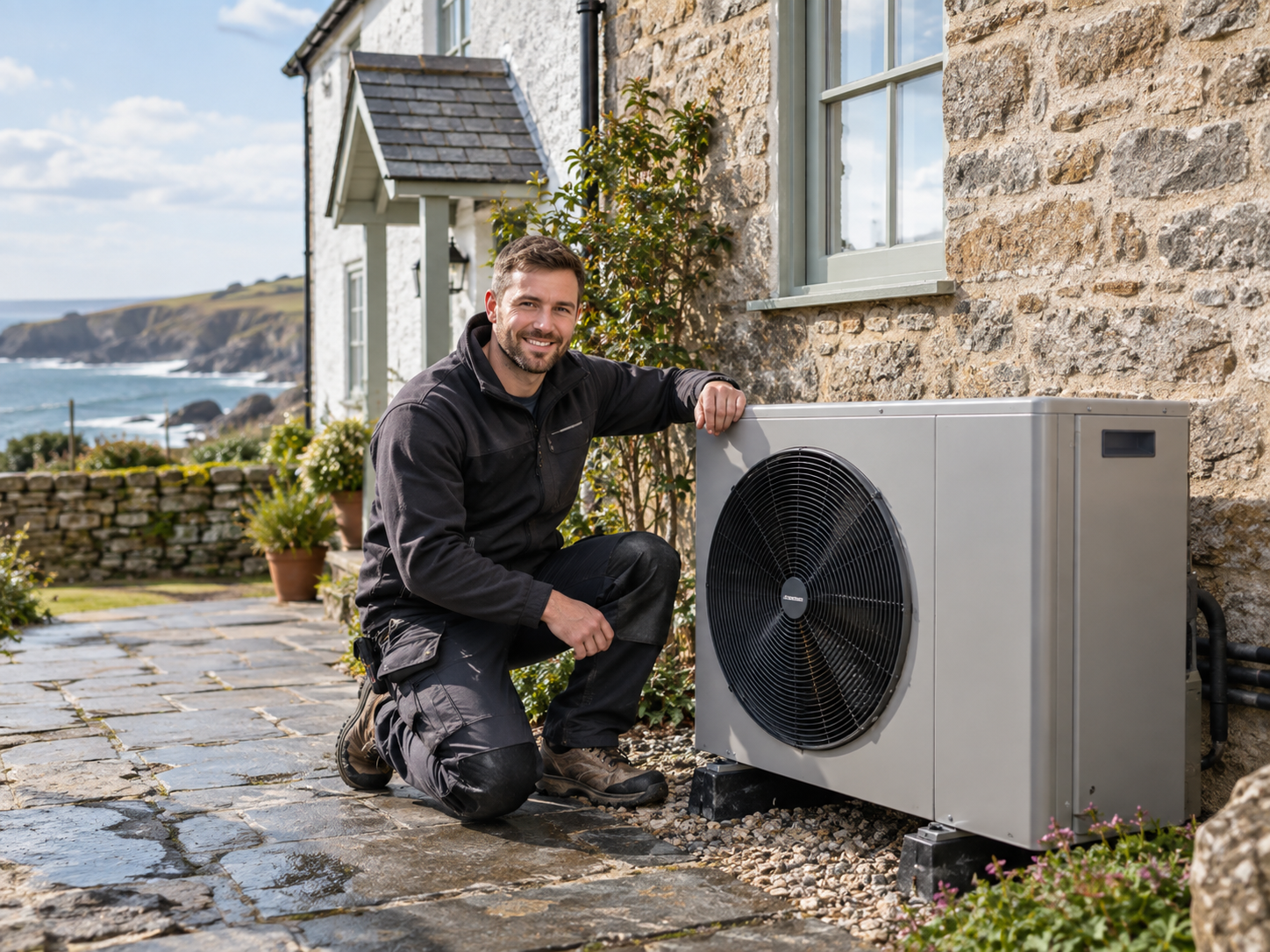 Heat pump installer beside an air source heat pump at a traditional Cornish stone home
