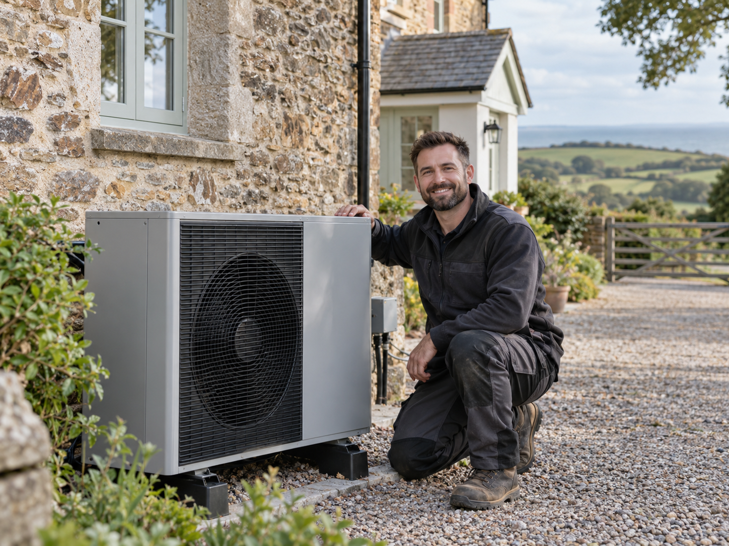 Heat pump installer beside an outdoor air source heat pump at a rural Devon home