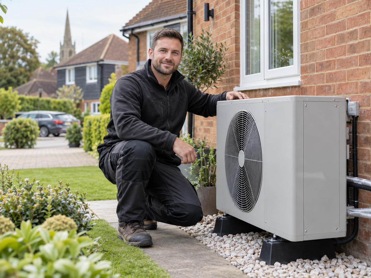 Heat pump installer beside an air source heat pump at a suburban Essex home