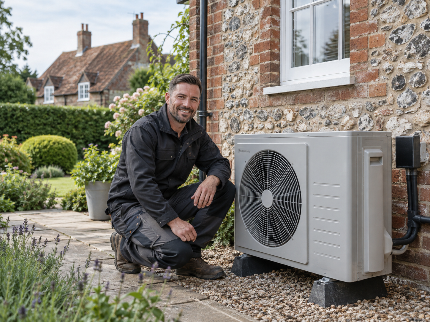 Heat pump installer beside an air source heat pump at a Kent home
