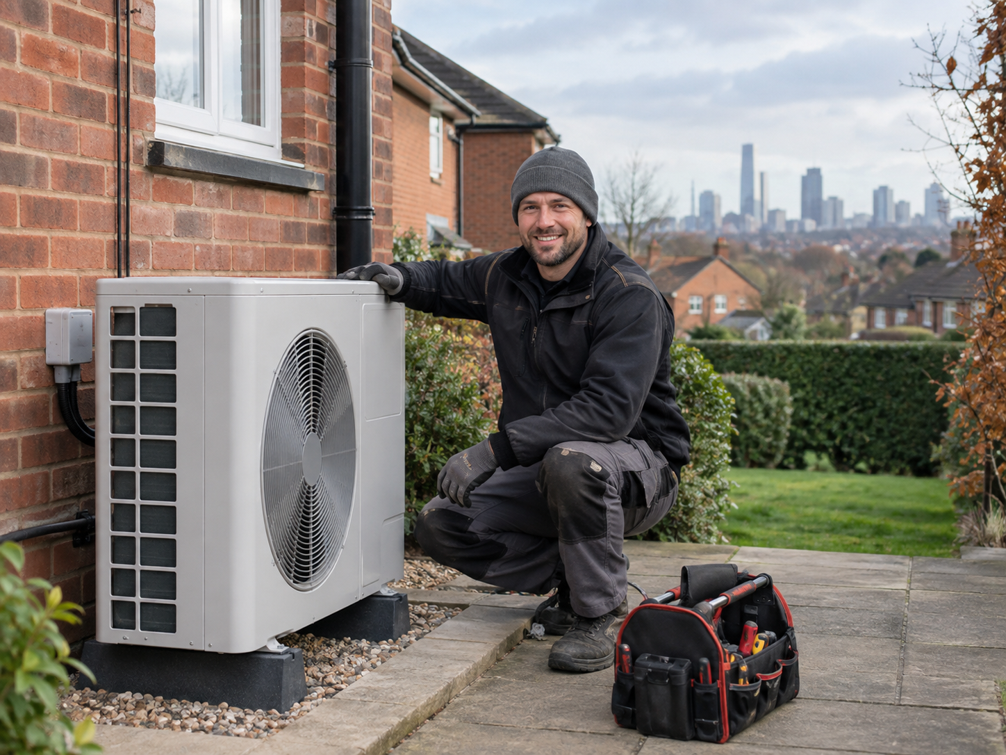 Heat pump installer beside an air source heat pump at a Greater Manchester home