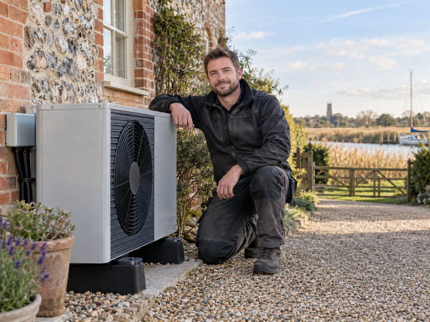 Heat pump installer beside an air source heat pump at a traditional Norfolk home