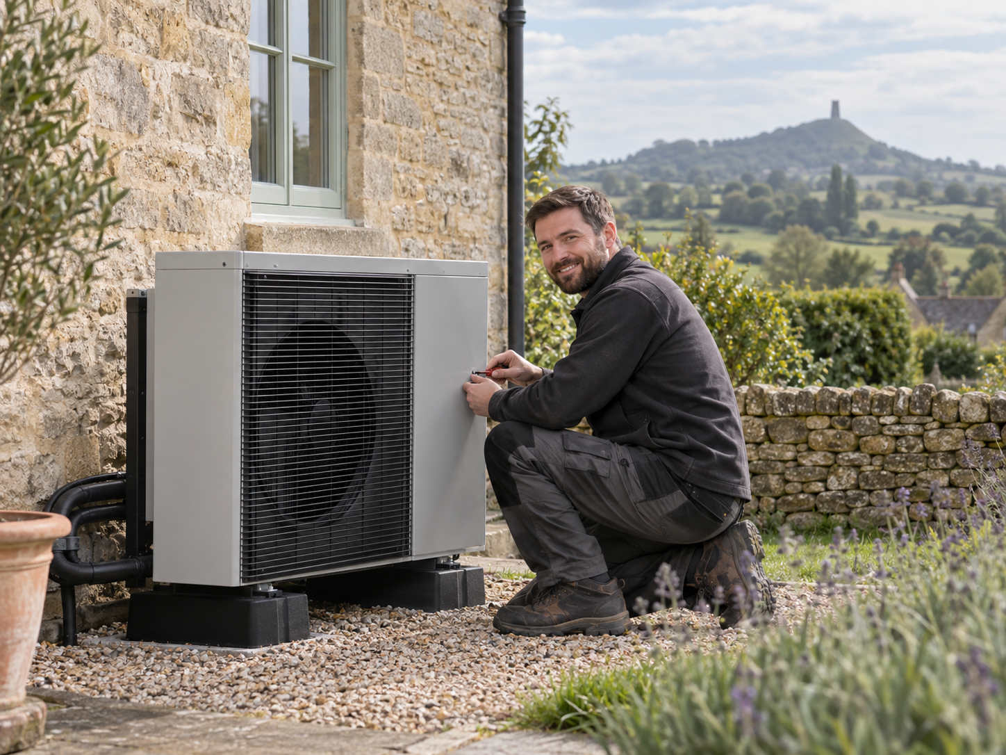 Heat pump installer beside an air source heat pump at a traditional Somerset stone home