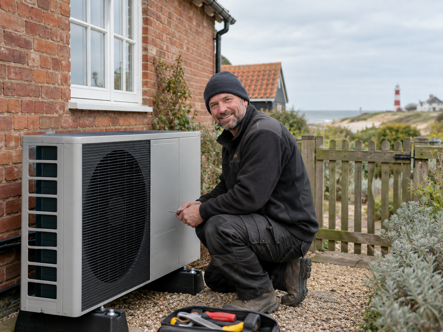 Heat pump installer beside an air source heat pump at a traditional Suffolk home