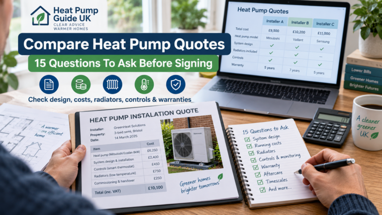 Homeowner comparing air source heat pump installation quotes and specifications