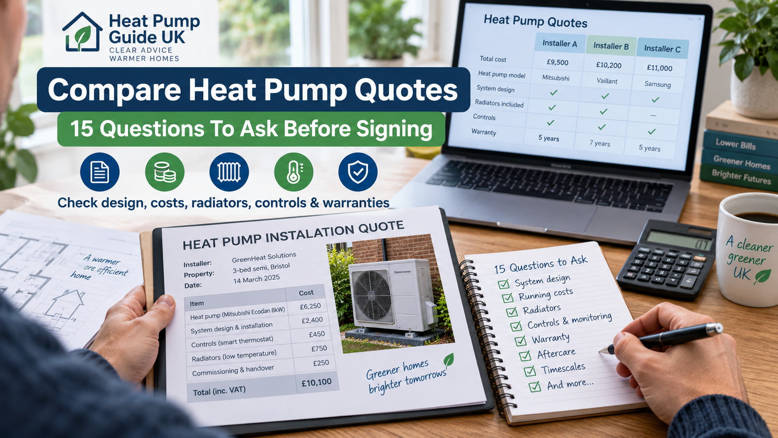 Homeowner comparing air source heat pump installation quotes and specifications