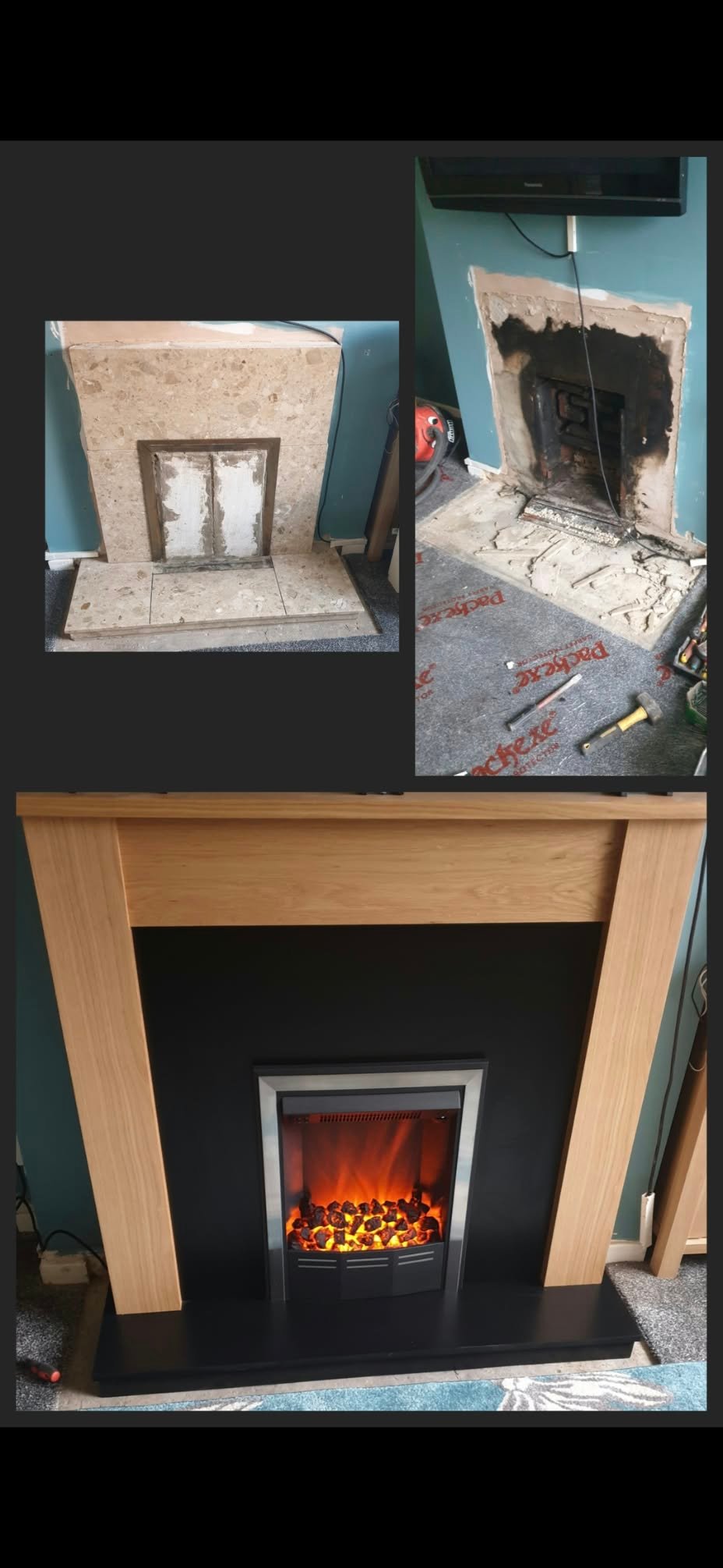 Removal of old back boiler fireplace and installation of an electric-effect fire and surround