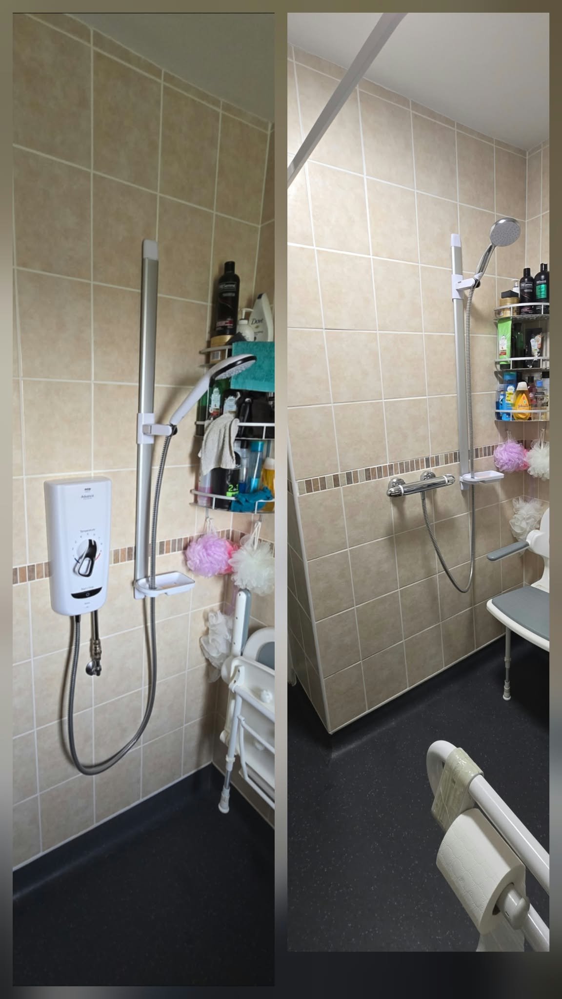 Original electric shower and new thermostatic mains mixer shower