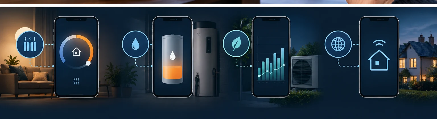 Illustration of heat pump app functions including heating, hot water and energy monitoring