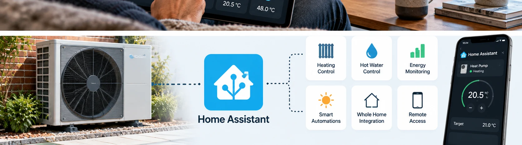 Illustration of smartphone heating controls and energy monitoring features